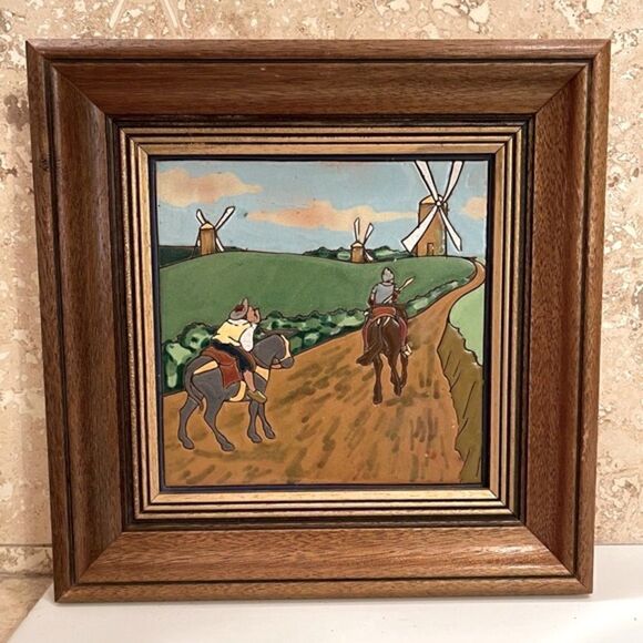 Antique Framed Don Quixote Sancho 8” Enameled Clay 8” Square Tiles Custom Framed - Picture 2 of 16